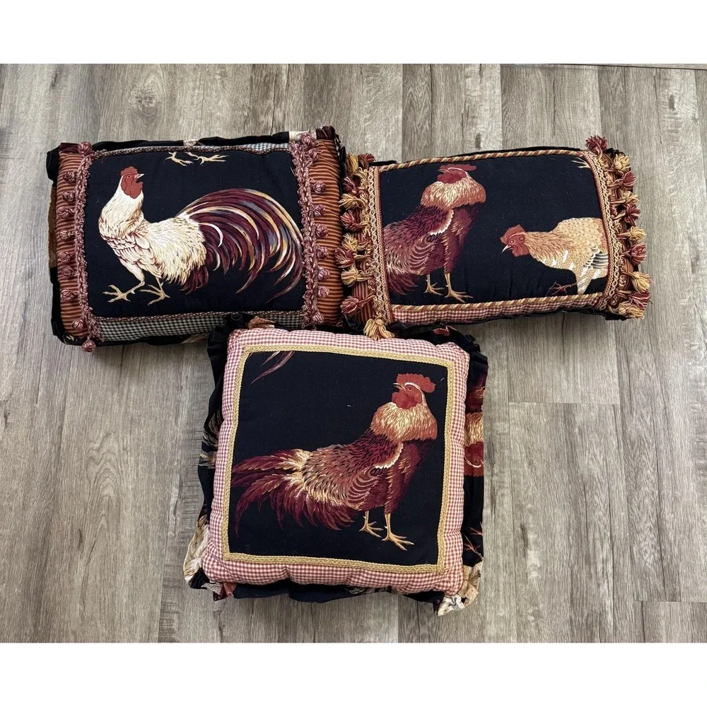 Rooster Farmhouse Throw Pillow Set‎ 3 Black Tassel Country Handmade